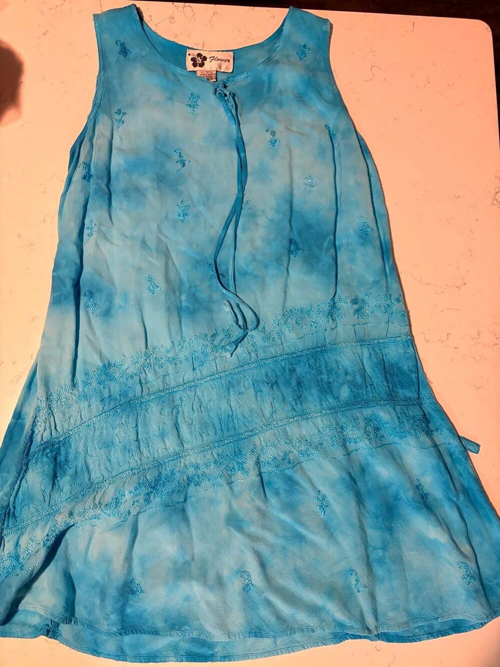 Flower Blue Tie-Dye Embroidered Rayon Sleeveless Dress Free Size
